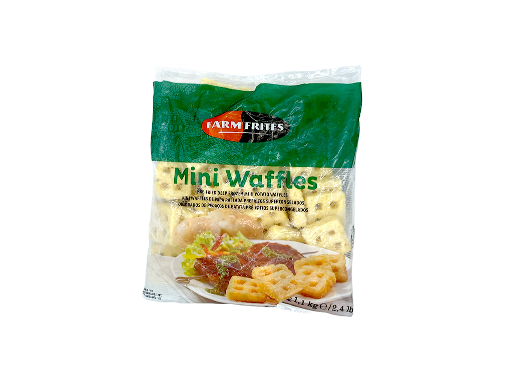MINI WAFFLES QUADRADOS DE PEDAÇOS DE BATATA CONGELADA PRÉ FRITO FARM FRITES 1,1 KG (CX 10 PCT)